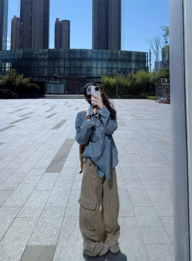 韩系慵懒风蓝色格子衬衫女秋季2025新款宽松百搭减龄洋气衬衣外套