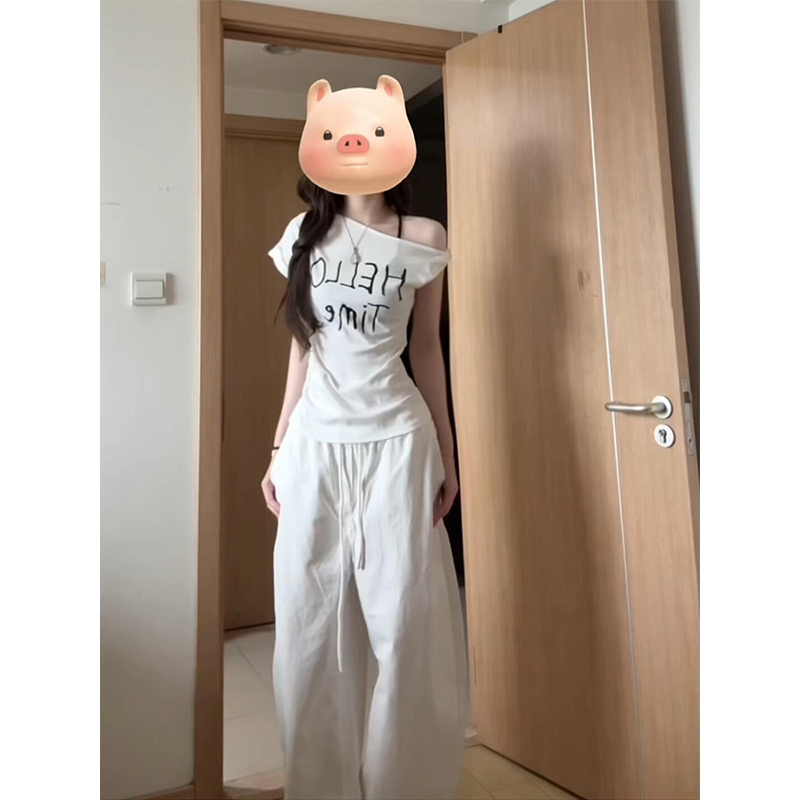 韩系chic白色斜肩扭结短袖t恤女