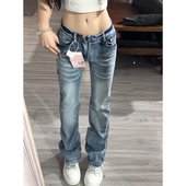 高街毛须低腰微喇牛仔裤 女春秋新款 设计感辣妹弹力窄版 美式 直筒裤