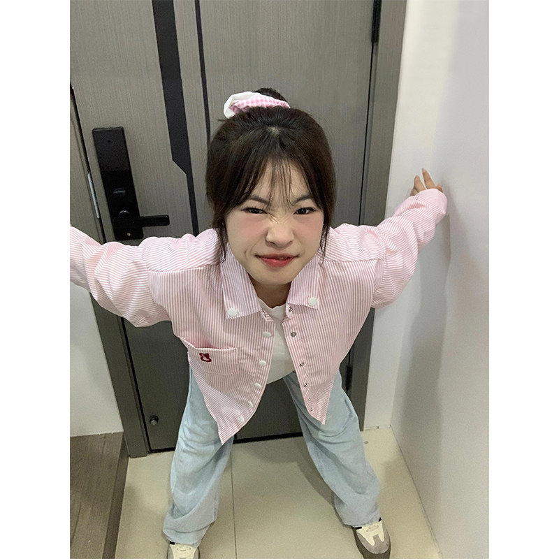 韩系甜美兔子刺绣条纹衬衫女春秋图片