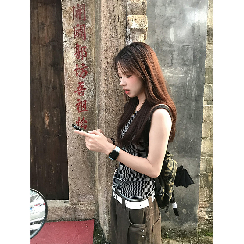 韩系简约细条纹无袖背心吊带女夏