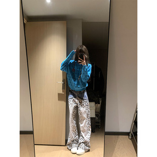 美式复古波点蓝色开衫毛衣女秋冬小个子软糯慵懒风针织衫短款外套