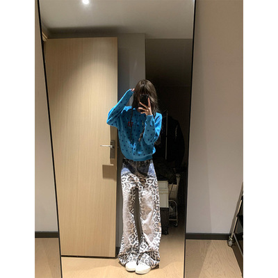 美式复古波点蓝色开衫毛衣女秋冬