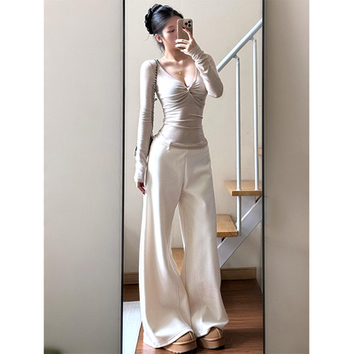 美式辣妹v领纽扣长袖打底衫女