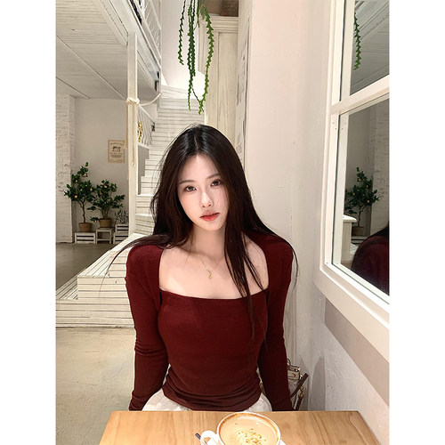 美式性感红色假两件打底衫女秋冬