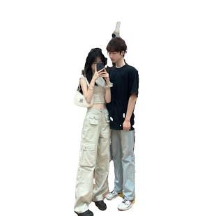 美式高街辣妹vibe白色牛仔裤女夏薄款小个子设计感直筒阔腿工装裤