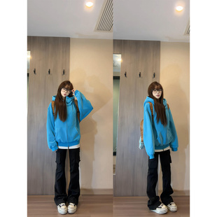 美式高街湖蓝色字母刺绣开衫连帽卫衣女春秋宽松慵懒休闲拉链外套