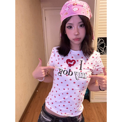 美式辣妹狗爪爱心短袖t恤女夏季2025新款修身显瘦短款设计感上衣