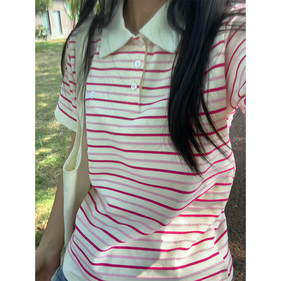 韩系学院风撞色条纹polo衫t恤女