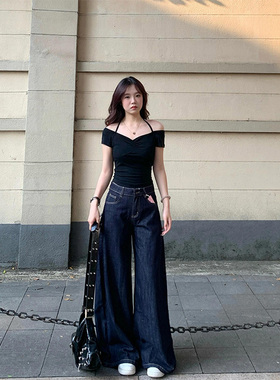 法式纯欲性感一字肩短袖t恤女夏季小众辣妹露肩黑色短款吊带上衣