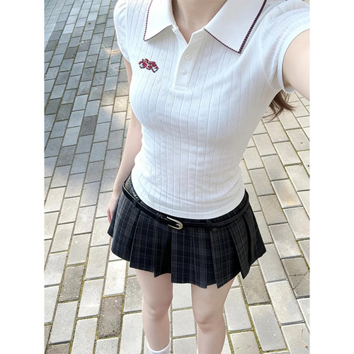 韩系学院风polo领正肩短袖t恤女
