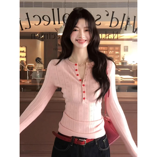 韩系甜美粉色V领长袖针织衫女秋冬修身内搭打底衫巨好看辣妹上衣