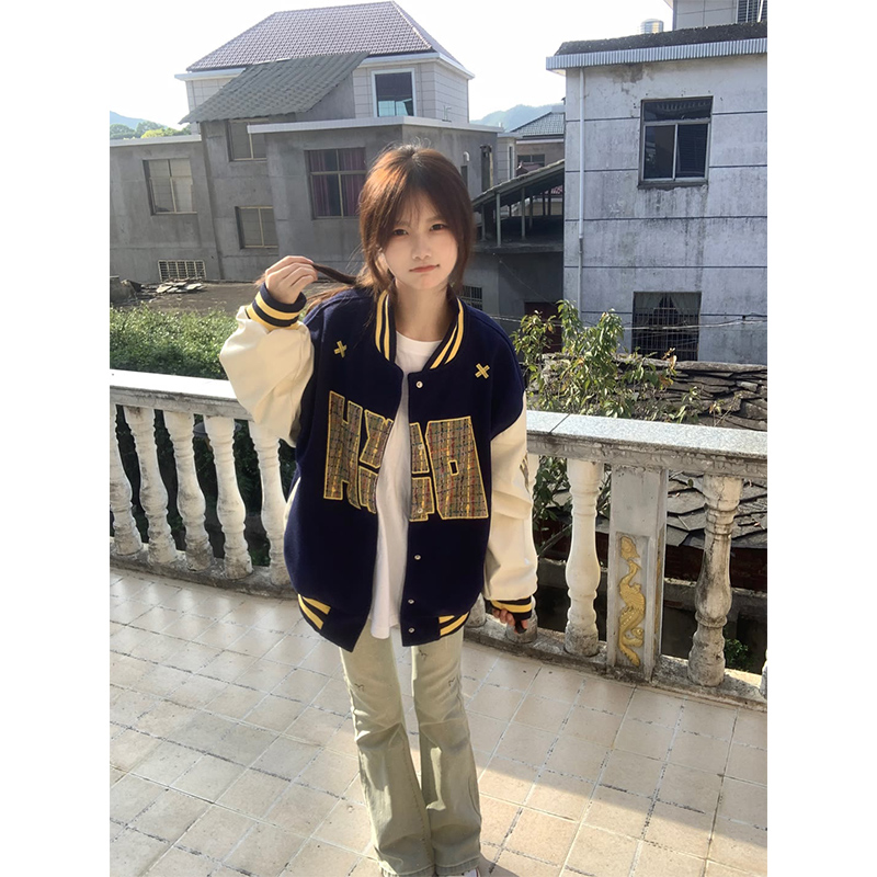 美式复古撞色刺绣棒球服外套女