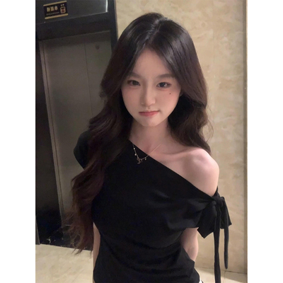 韩系斜肩蝴蝶结绑带短袖t恤女夏