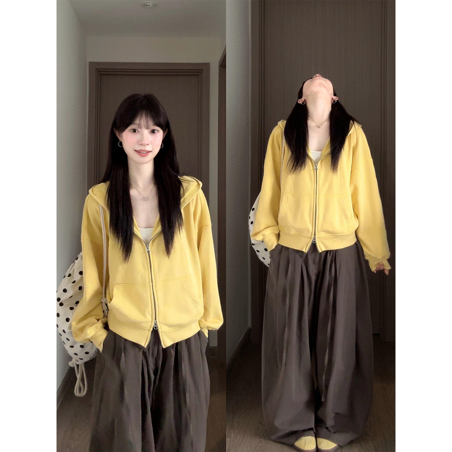 奶黄色基础拉链连帽卫衣女春秋2026新款宽松甜美简约休闲开衫外套