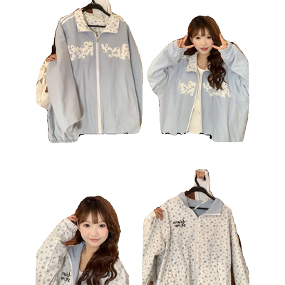 甜妹韩系蓝色碎花条纹开衫外套女