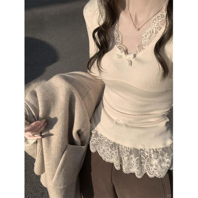 纯欲风蕾丝花边设计感长袖t恤女
