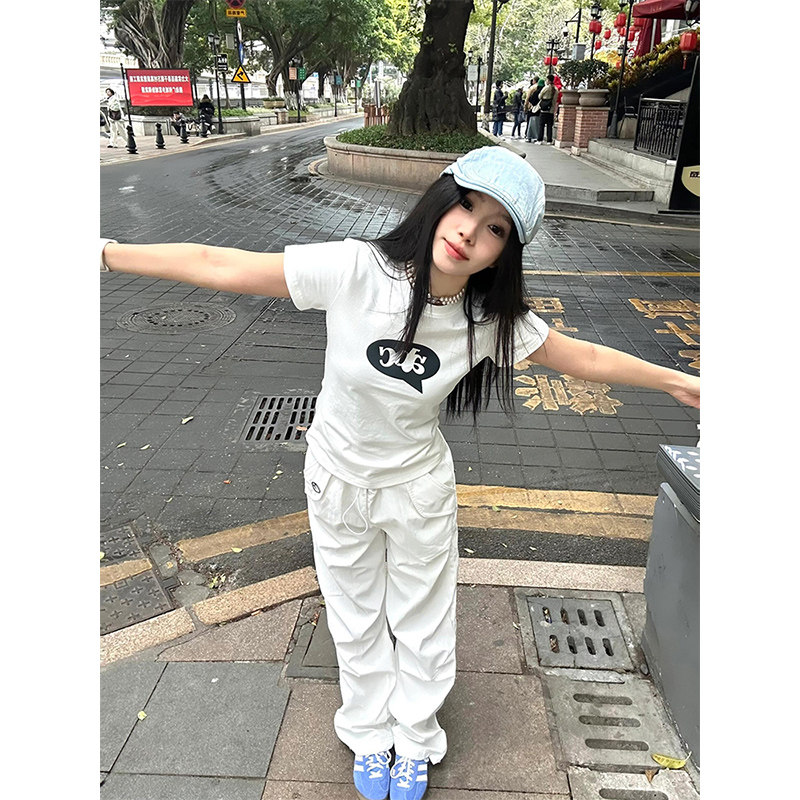 美式正肩修身白色t恤女夏季字母图片
