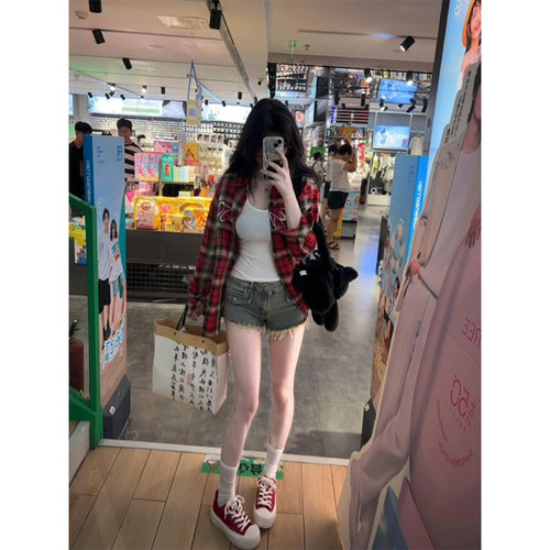 美式复古格子长袖红色衬衫女夏季