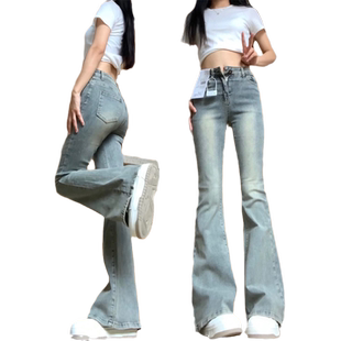 美式复古微喇小个子牛仔裤女夏季高腰显瘦修身弹力辣妹阔腿喇叭裤