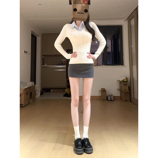 收腰v领上衣内搭打底衫 学院风假两件条纹衬衣领毛衣女秋冬季 修身