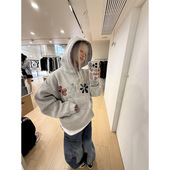 国潮牌花朵撞色刺绣帽檐连帽卫衣女秋冬季 宽松情侣高街慵懒风外套