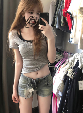 美式复古柳钉低腰牛仔短裤女夏薄款小个子辣妹包臀a字阔腿裤热裤