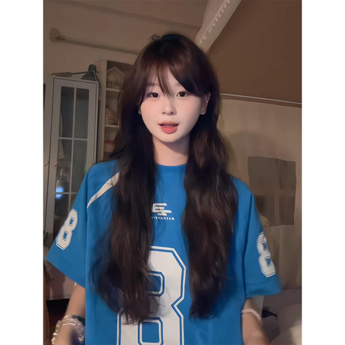 美式运动多巴胺蓝色短袖t恤女夏