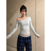 内搭打底衫 美式 上衣 2025新款 掐腰修身 辣妹紧身斜肩长袖 t恤女春季