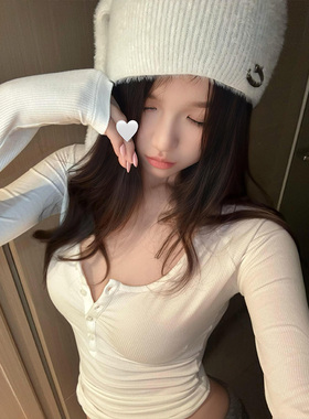 纯欲风亨利衫u领白色长袖t恤女秋冬内搭修身掐腰性感辣妹打底上衣