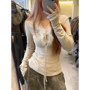 收腰磨毛保暖长袖 修身 上衣 女秋冬季 纯欲风V领系带毛领内搭打底衫