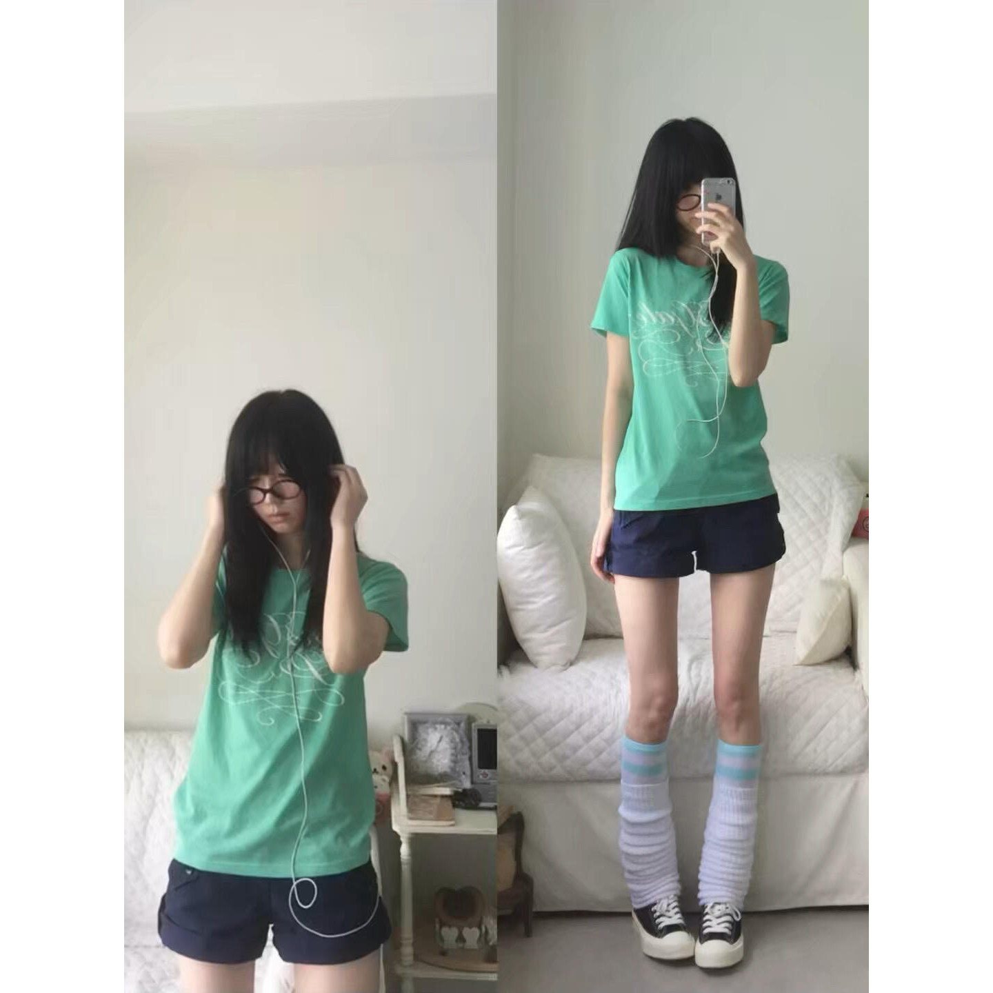 薄荷绿轻薄烫钻印花短袖t恤女夏图片
