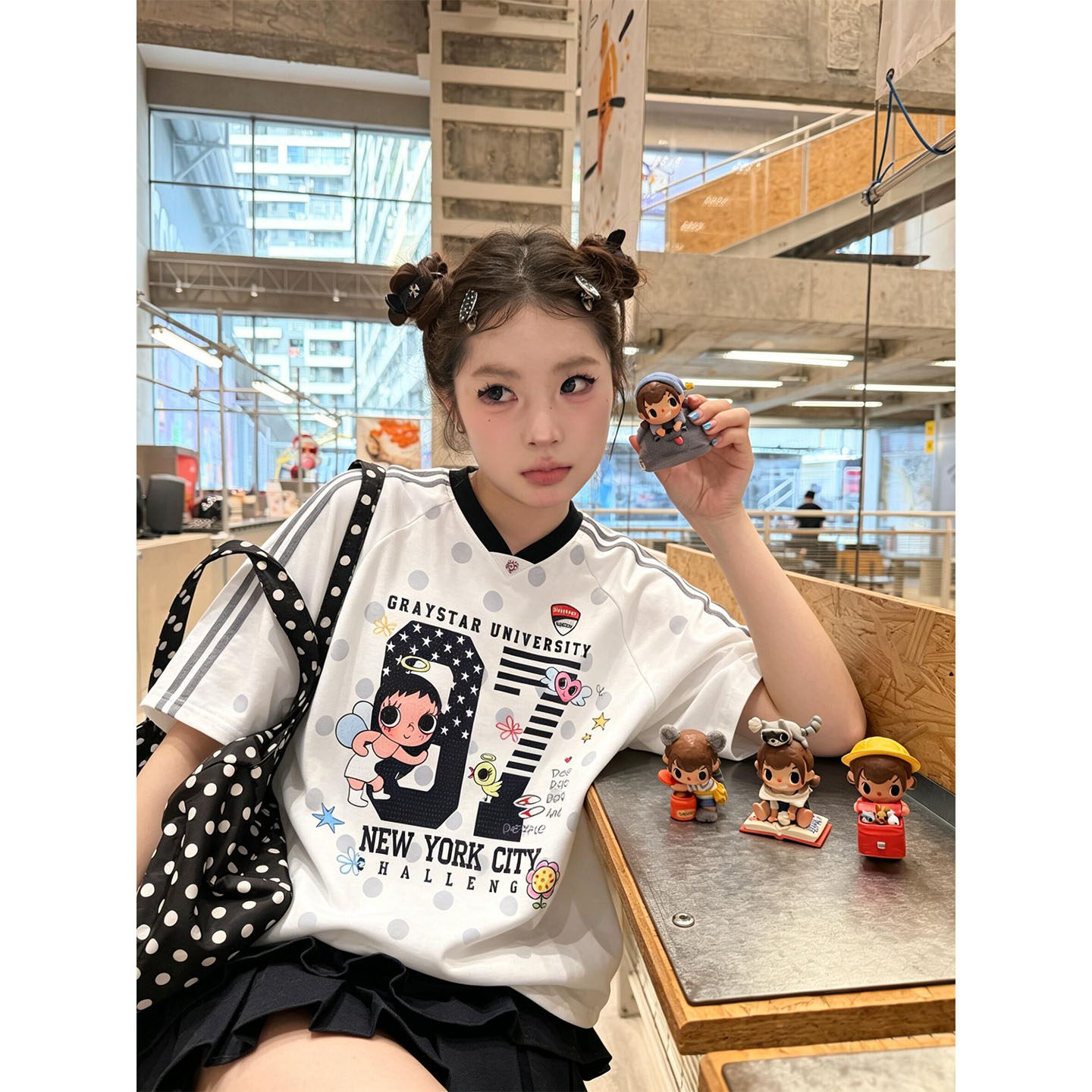 美式卡通波点数字运动风短袖t恤女夏季休闲撞色百搭宽松网眼上衣