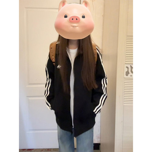 美式撞色三条杠立领黑色卫衣女秋