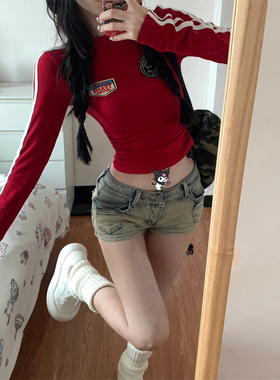 美式复古条纹红色长袖t恤女春秋紧身打底衫修身内搭辣妹短款上衣