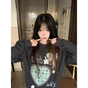 韩系复古蝴蝶结爱心印花卫衣女秋冬加绒加厚休闲宽松无帽长袖 上衣