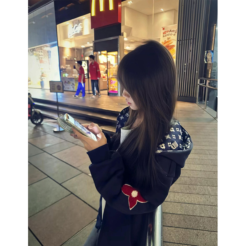 美式高街刺绣花朵拉链连帽卫衣女