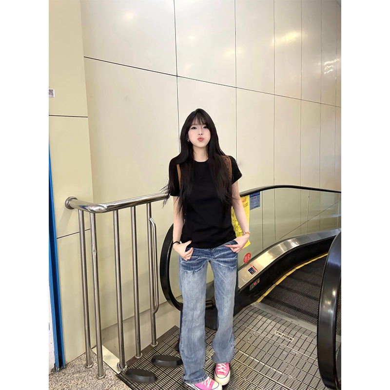 基础黑色正肩短袖t恤女夏季新款修身显瘦圆领内搭打底衫纯棉上衣