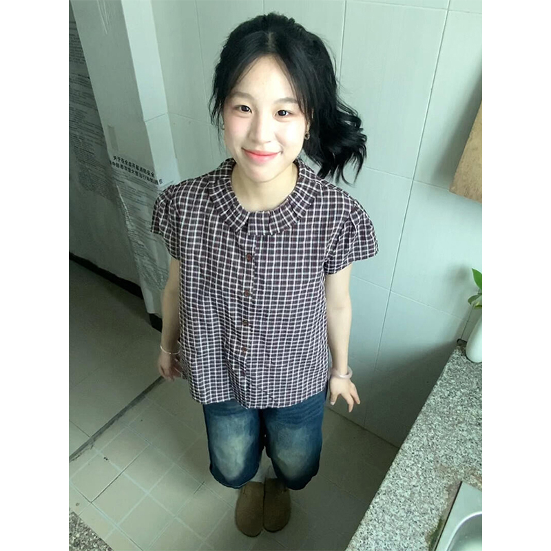 法式复古娃娃领格子衬衫女夏季