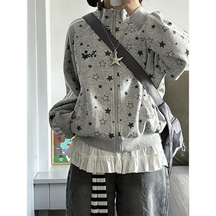 满印星星美式亚文化运动风卫衣女冬季加绒y2k百搭显瘦小个子外套