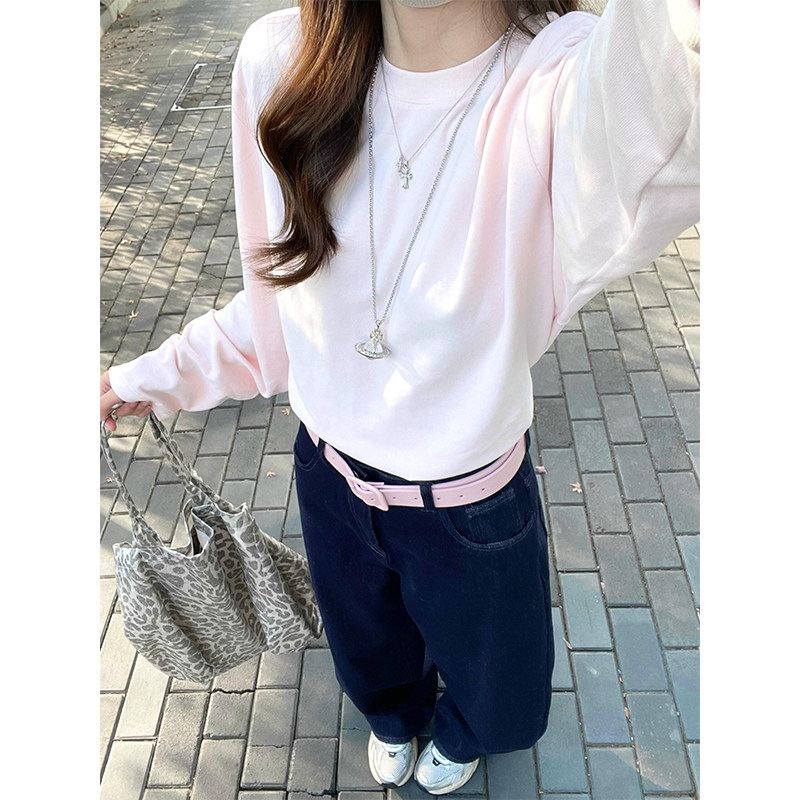韩系粉色纯棉长袖t恤女春秋冬季休闲宽松显瘦外穿内搭打底衫上衣