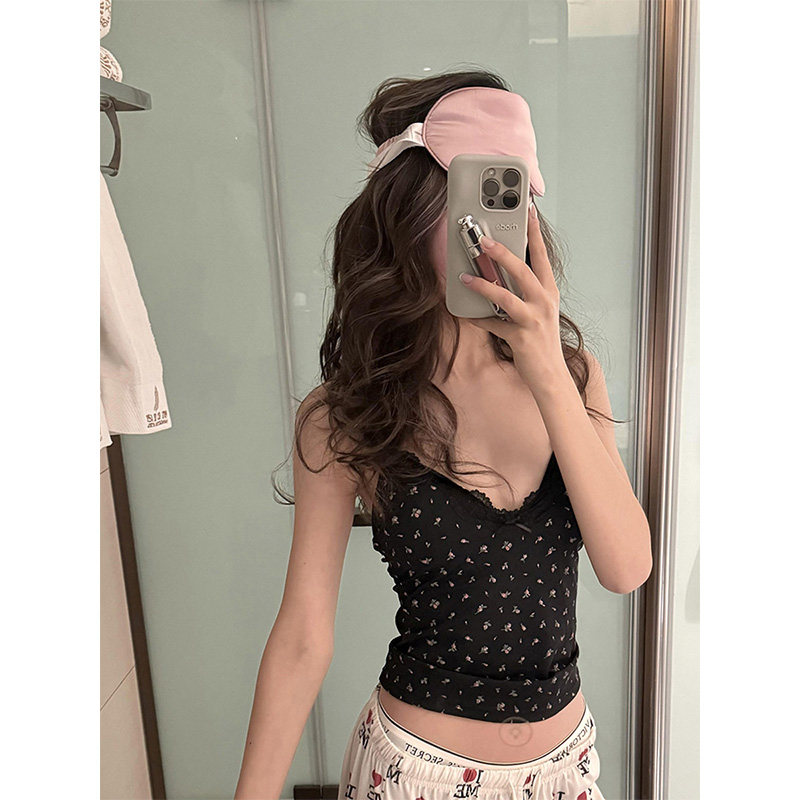 美式辣妹性感碎花蕾丝吊带背心女夏季修身显瘦内搭打底衫无袖上衣