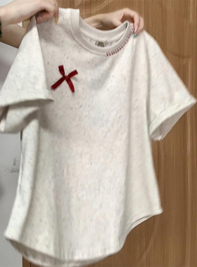 白灰色立体蝴蝶结短袖t恤女夏季2024新款正肩宽松短款设计感上衣