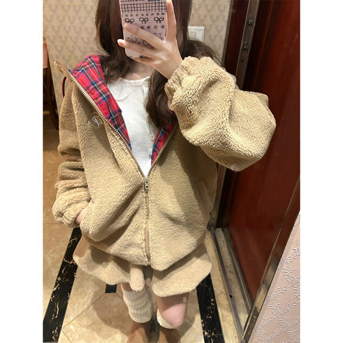 羊羔毛撞色格纹连帽拉链外套女