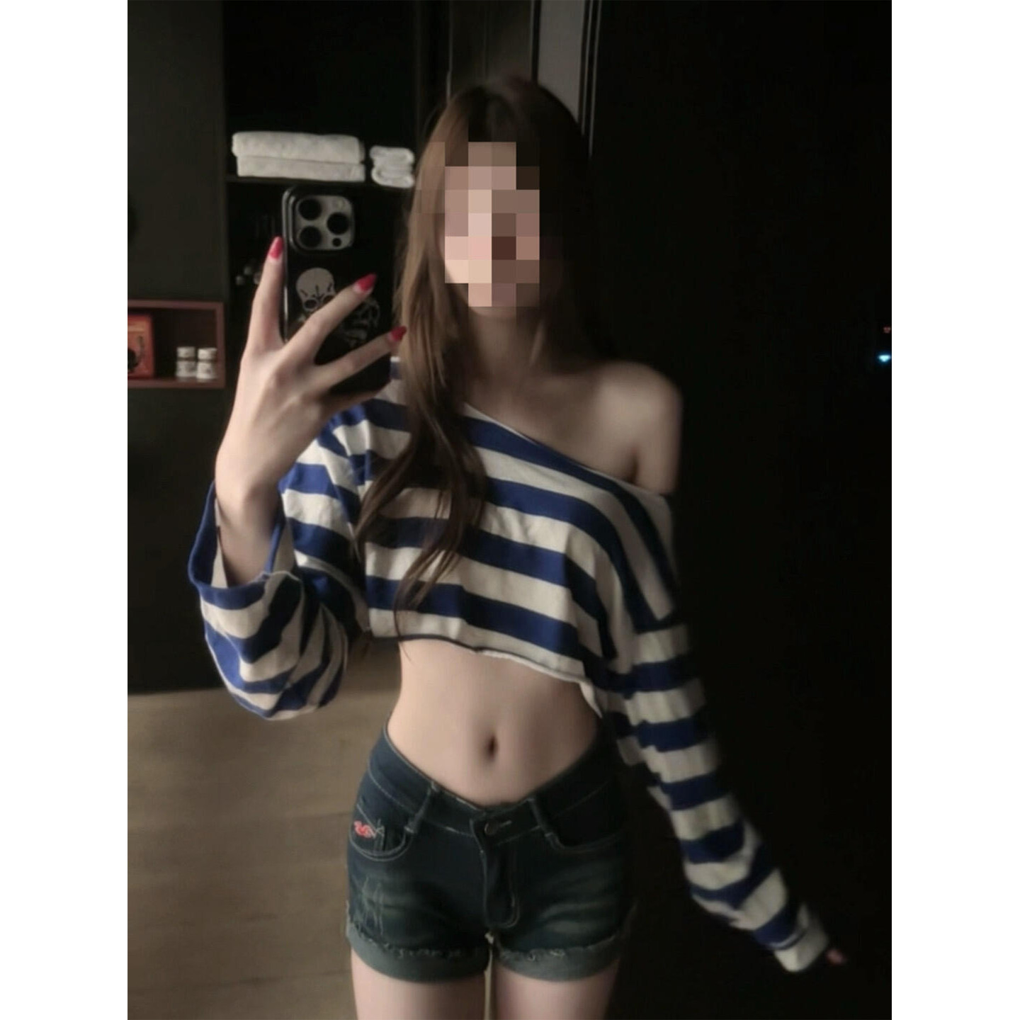 美式慵懒风蓝条纹一字领长袖t恤女辣妹休闲显瘦露脐防晒罩衫上衣