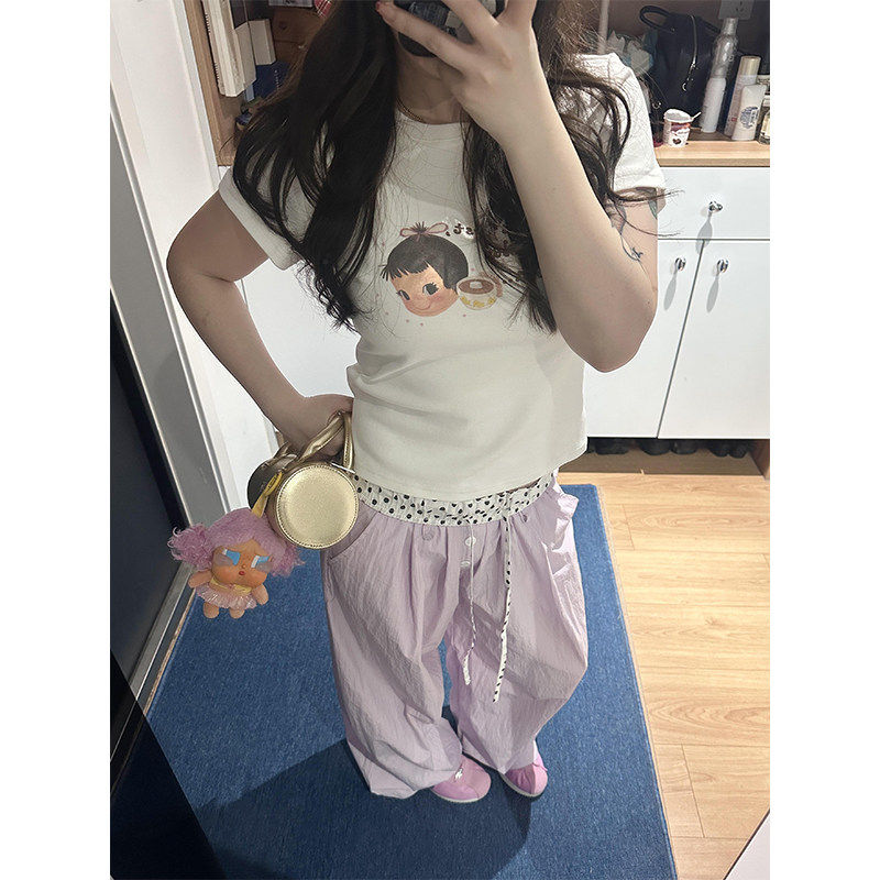 韩系可爱卡通小人印花短袖t恤女夏季设计感圆领正肩修身显瘦上衣