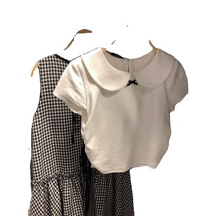 娃娃领设计感白色正肩短袖t恤女夏季修身显瘦气质短款小个子上衣