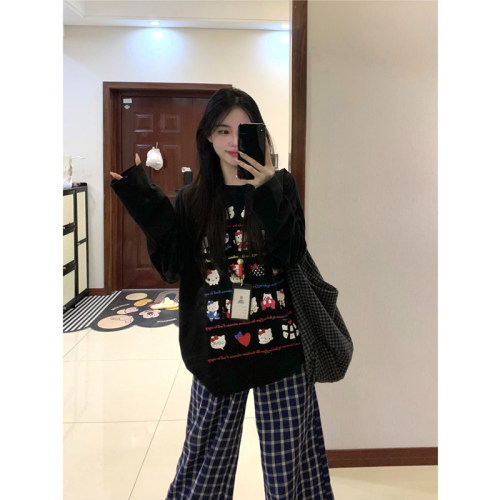国潮小猫美式复古黑色长袖t恤女