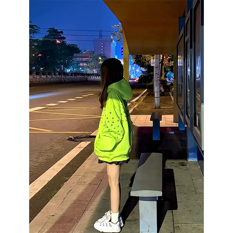 国潮牌荧光绿oversize卫衣女春秋