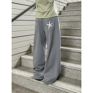 美式高街海星刺绣口袋裤子女秋冬加绒加厚宽松休闲卫裤运动阔腿裤